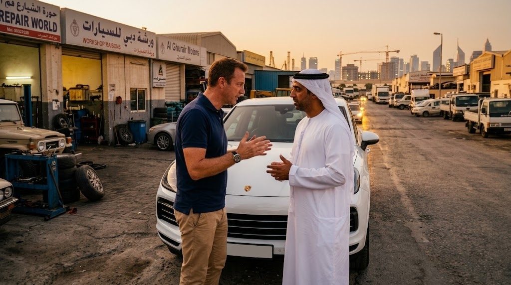 European inspector negotiating with Emirati seller near white Porsche Cayenne bonnet in Dubai