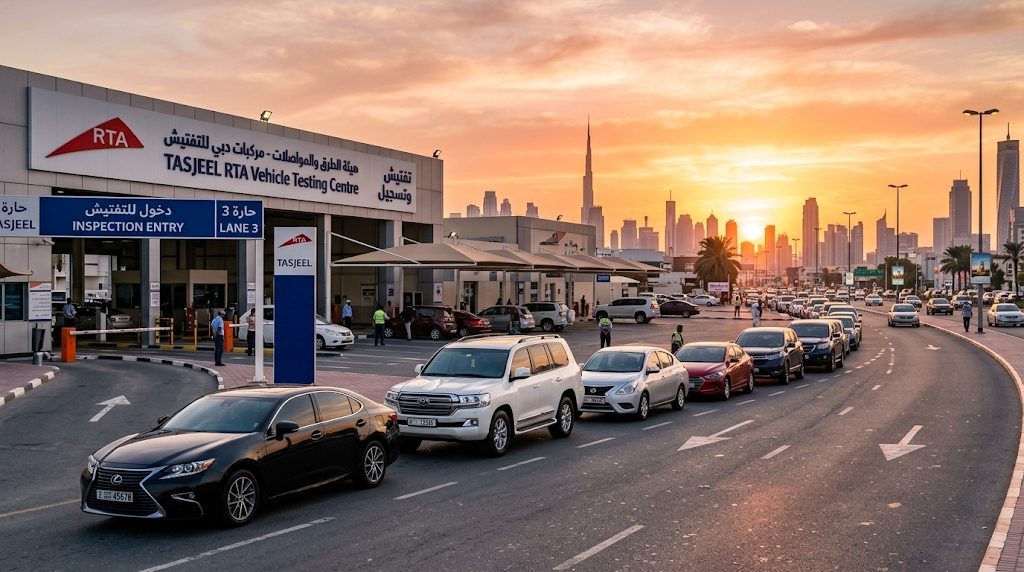 Official Tasjeel RTA Vehicle Testing Centre in Dubai with car inspection queue